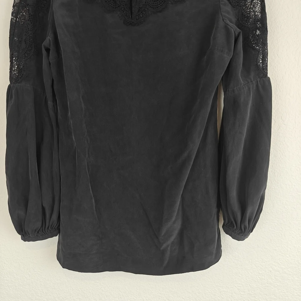 Tory Burch Black Silk Lantern Sleeve Blouse | Lace Neckline Romantic Boho Top 6